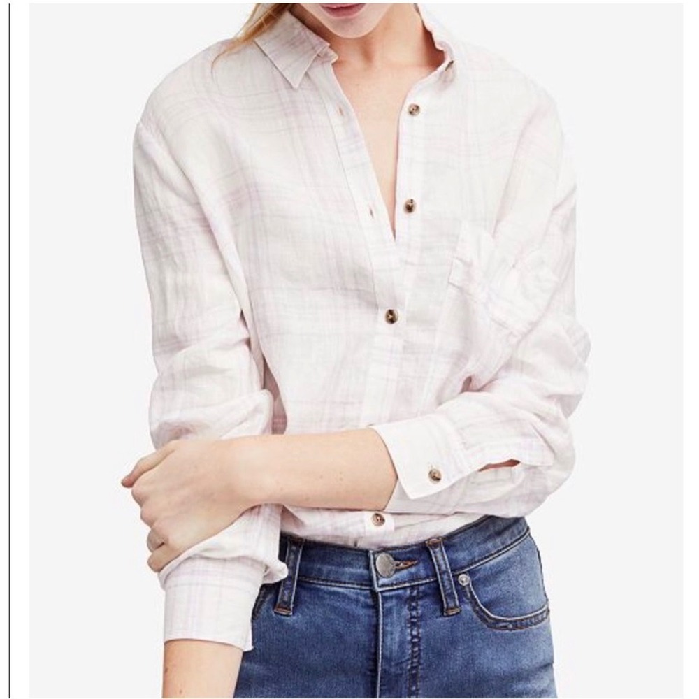 Free‎ People No Limits Plaid Linen Button Down Top Size XS Boho Western Casual